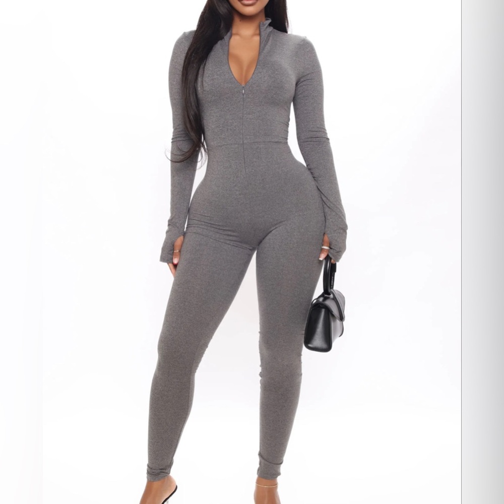 Women’s Fashion Nova Houston Hottie Thumbhole Jumpsuit Charcoal Size S Small